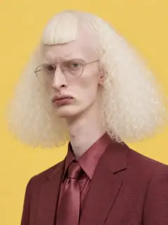 Personagem de IA na estética da trend: albino cacheado